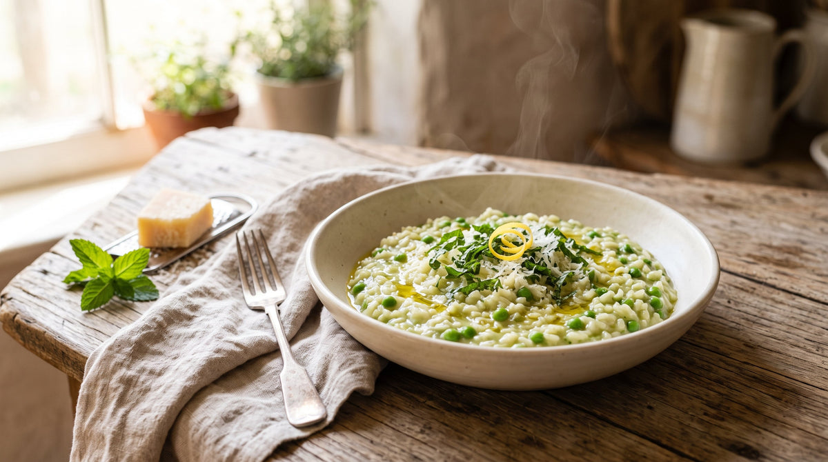 A bowl of creamy lamb broth risotto with peas and mint, finished with parmesan and lemon zest.