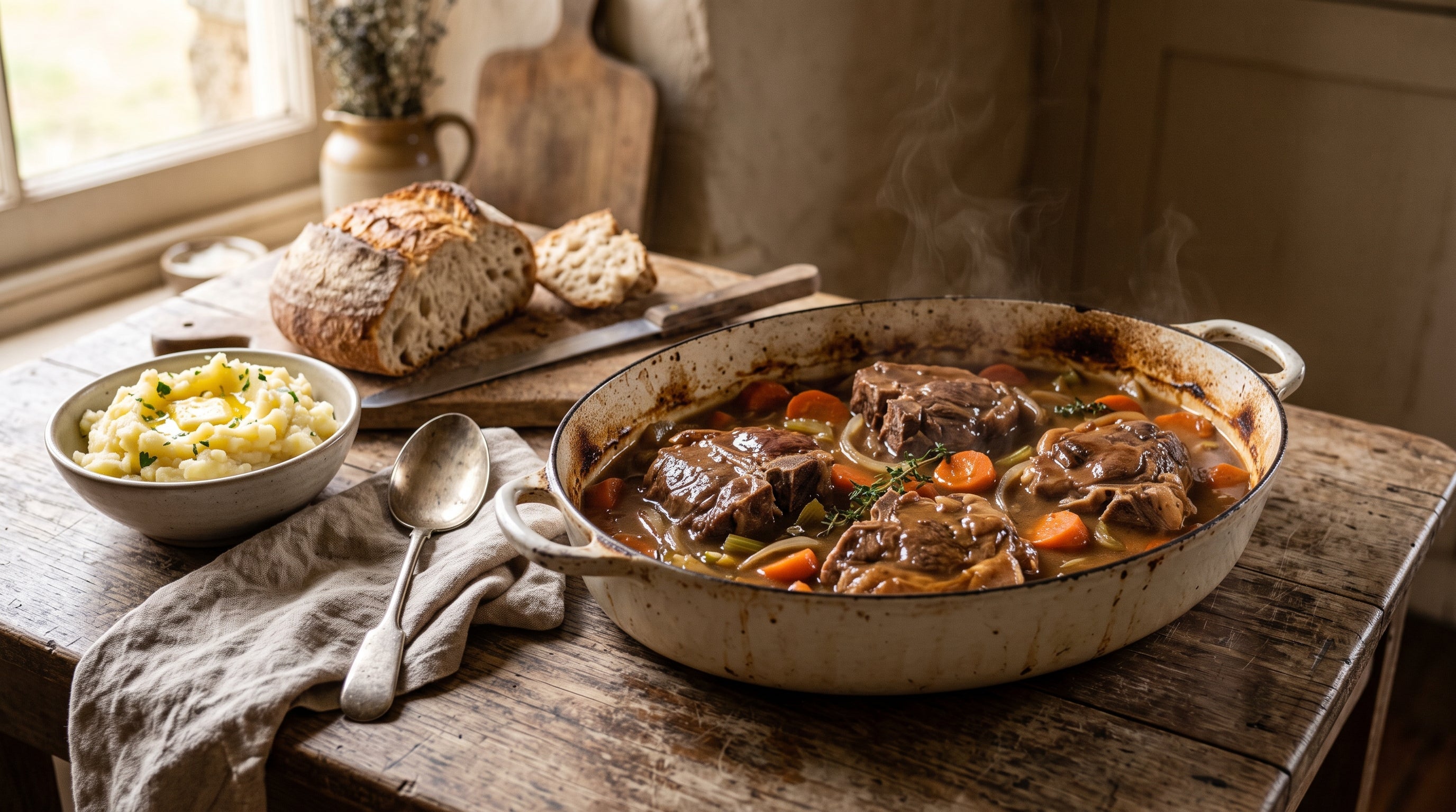 An old-fashioned casserole of lamb forequarter chops with carrots and onions in rich gravy, served alongside mashed potato.