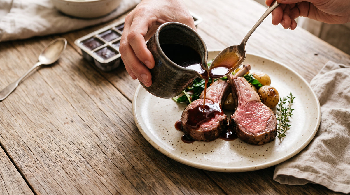 Glossy restaurant-style lamb jus made from roasted grass-fed lamb bones, spooned over lamb chops.