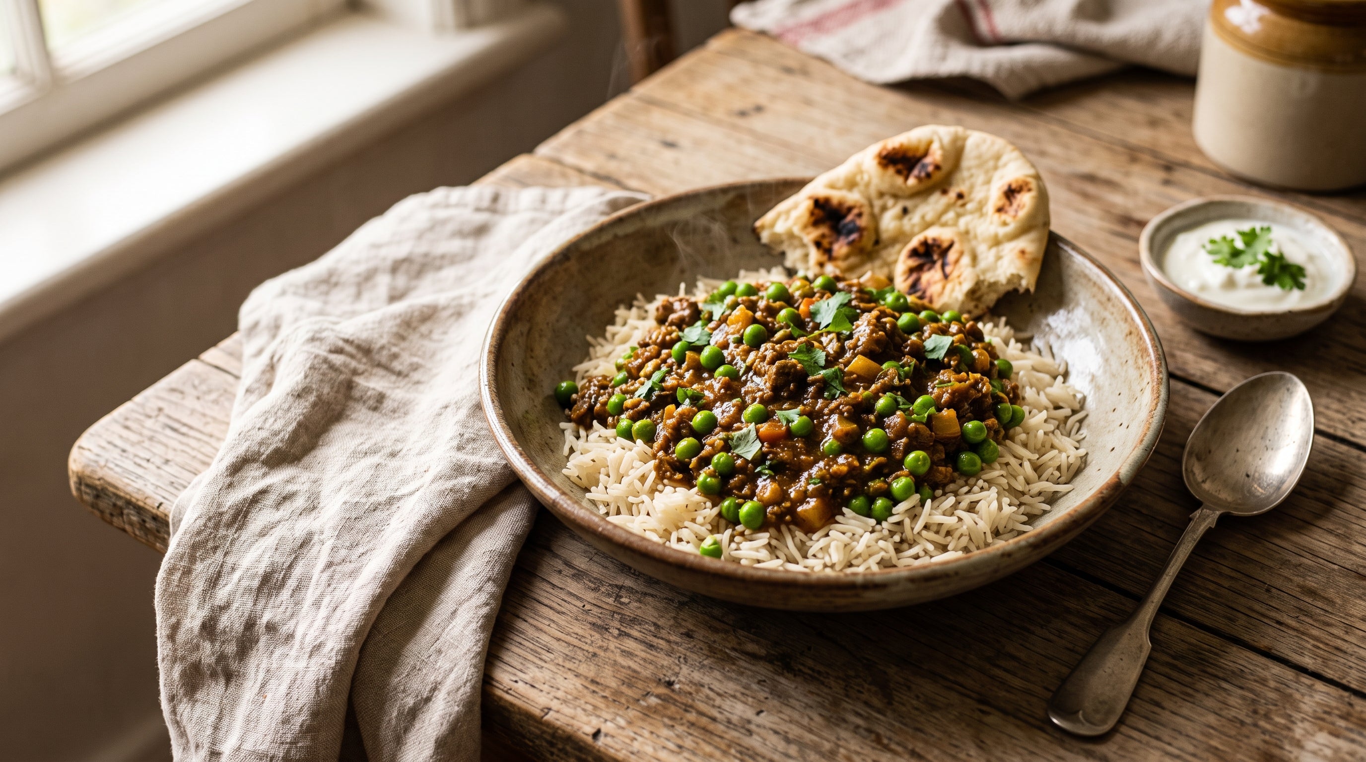 Lamb keema curry with peas made from grass-fed lamb mince, served over basmati rice with coriander.