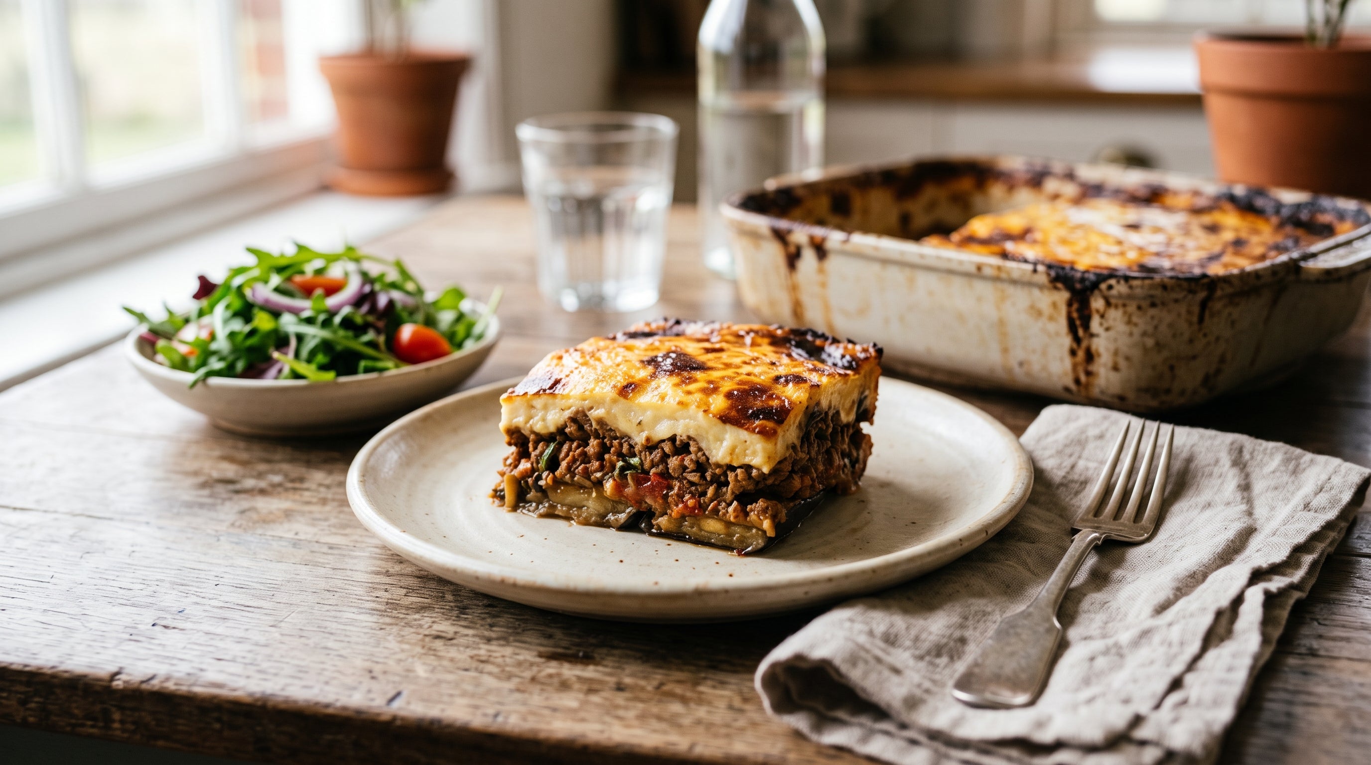 A layered slice of Greek moussaka made with grass-fed lamb mince, roasted eggplant and golden bechamel.