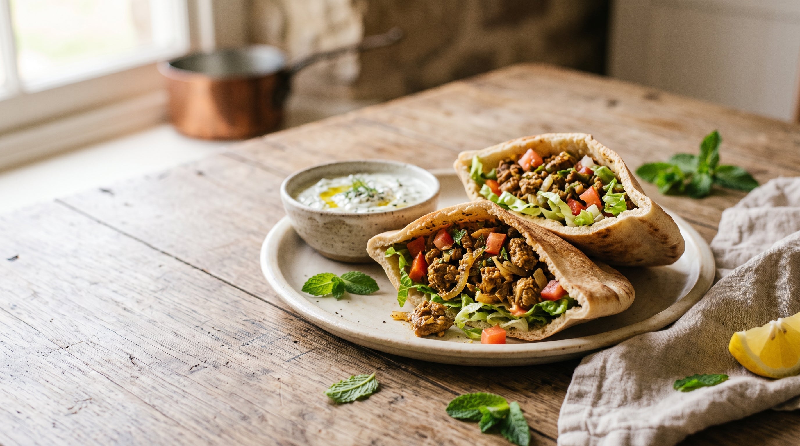 Pita pockets filled with spiced grass-fed lamb mince, salad and cucumber yoghurt.