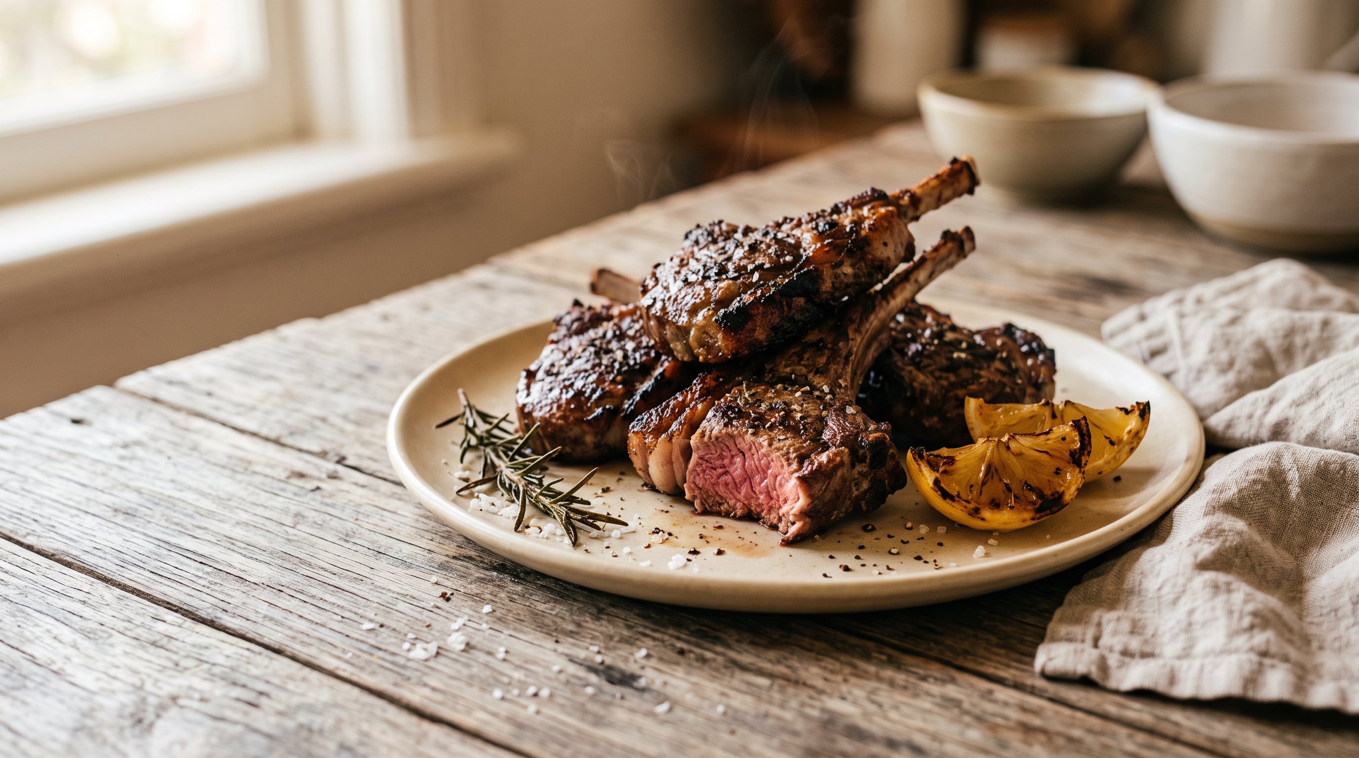 Blistered lamb cutlets scottadito with sea salt and charred lemon, served Roman-style for eating by hand.