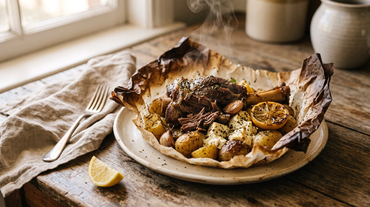 Kleftiko-style grass-fed lamb shank slow-roasted in a paper parcel with potatoes, lemon and feta.