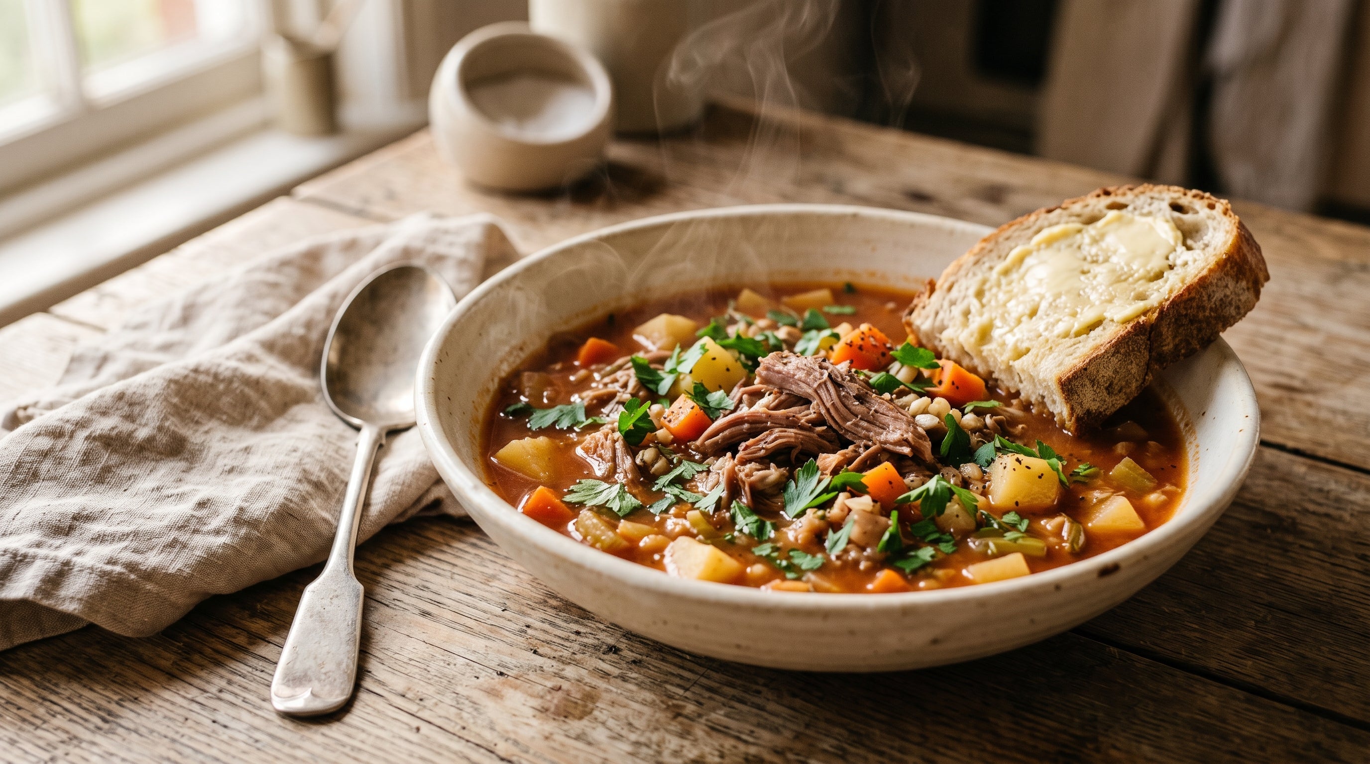 Hearty grass-fed lamb shank and winter vegetable soup with shredded lamb, root vegetables and pearl barley.