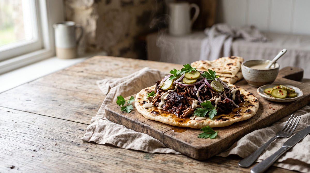 Slow-roasted lamb shawarma made from a grass-fed lamb roast, shredded and piled onto a warm flatbread with pickles, red onion and tahini sauce.