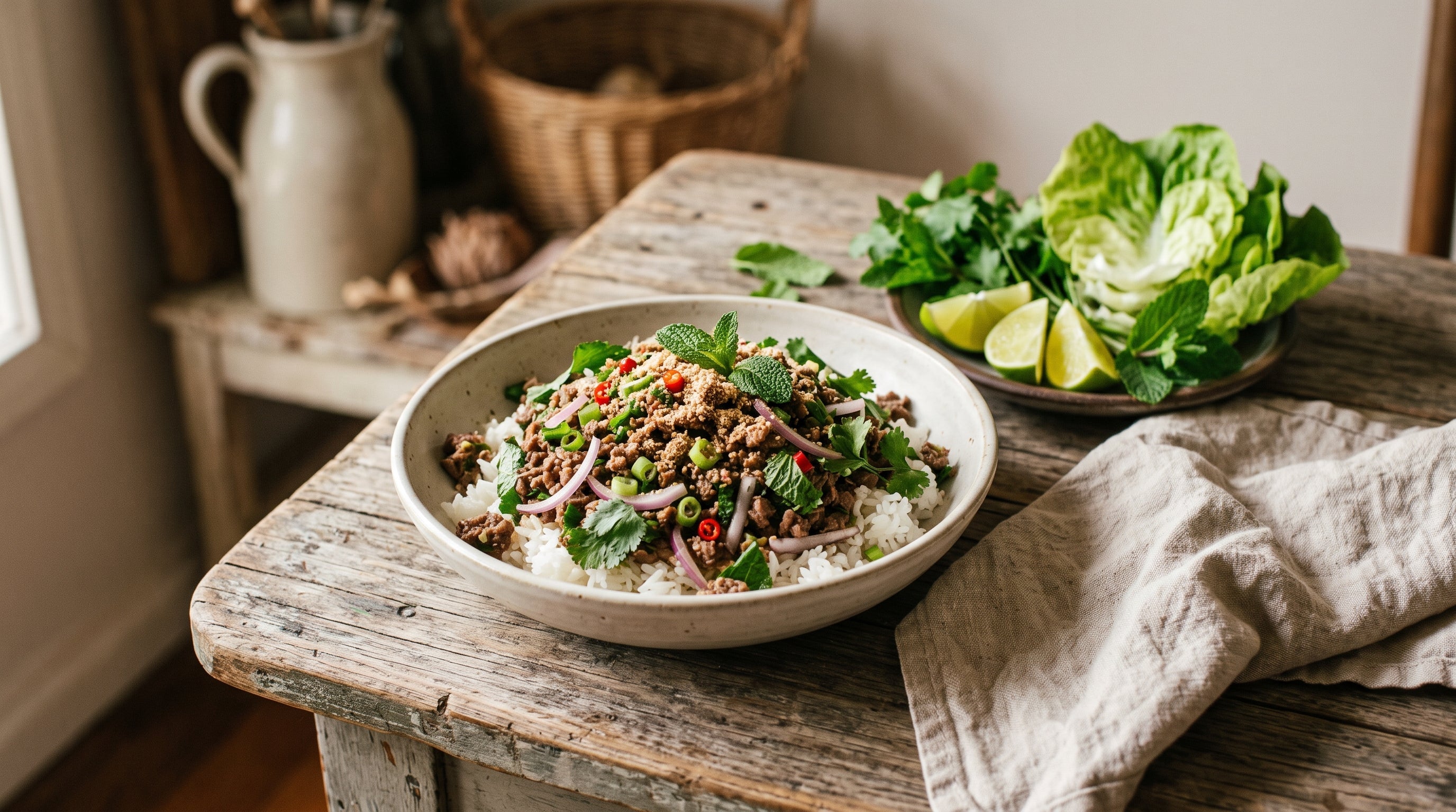 Thai-style grass-fed beef larb with herbs and jasmine rice