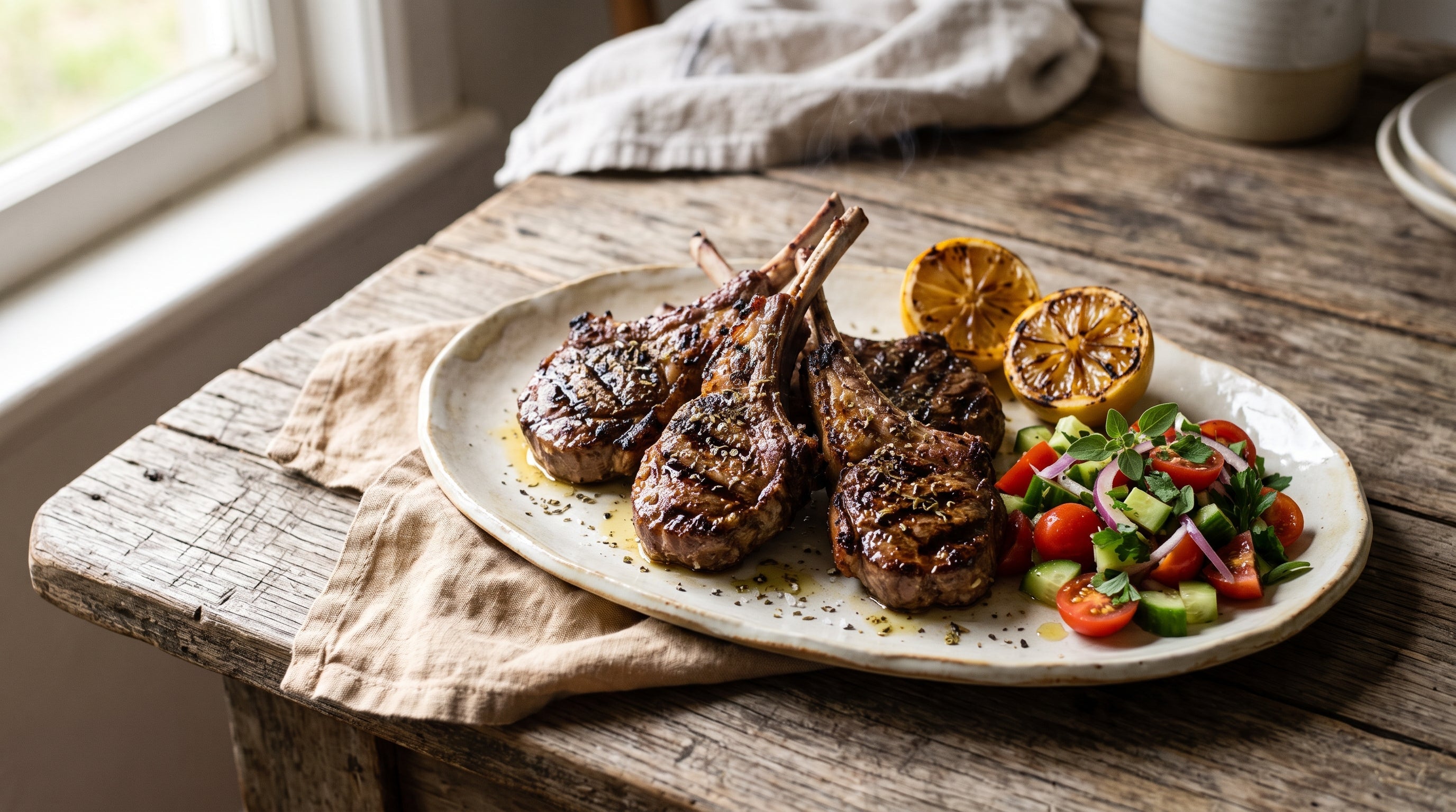 Charred barbecued grass-fed lamb cutlets with lemon and oregano beside a Greek-style salad.