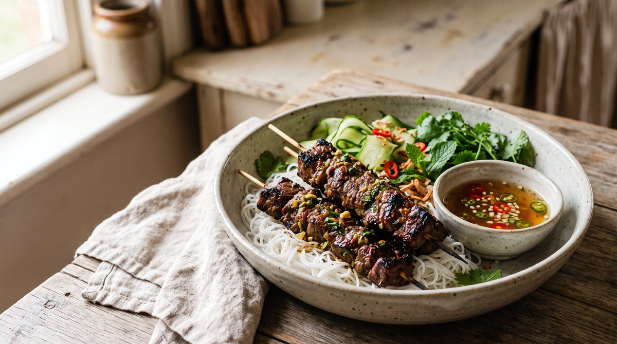 Vietnamese lemongrass grass-fed beef skewers served over rice vermicelli with fresh herbs and nuoc cham.