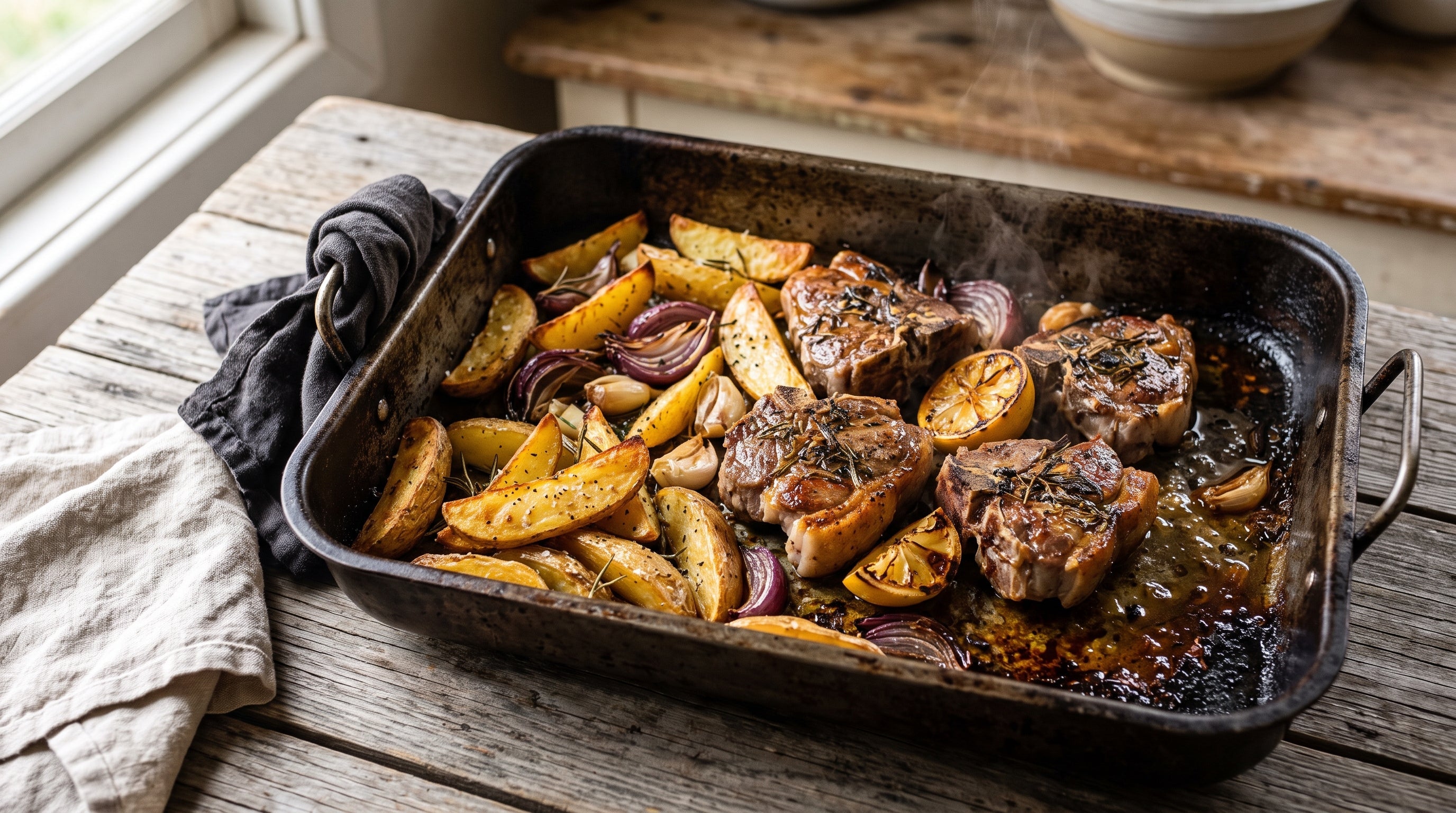 Tray bake of grass-fed lamb loin chops over rosemary potatoes, red onion and roasted lemon wedges.