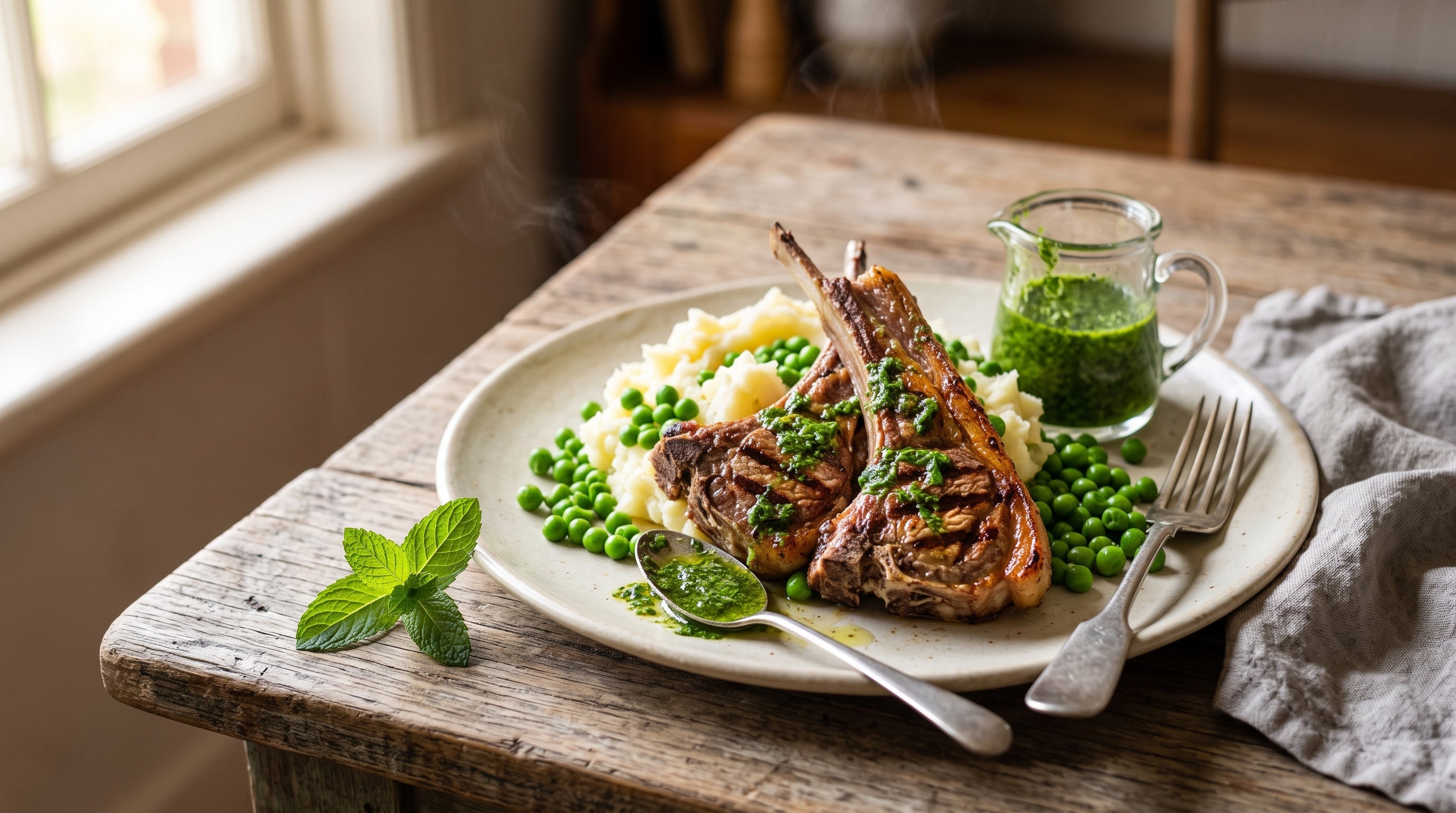 Grilled grass-fed lamb loin chops with fresh mint sauce, creamy mash and green peas on a cream stoneware plate.