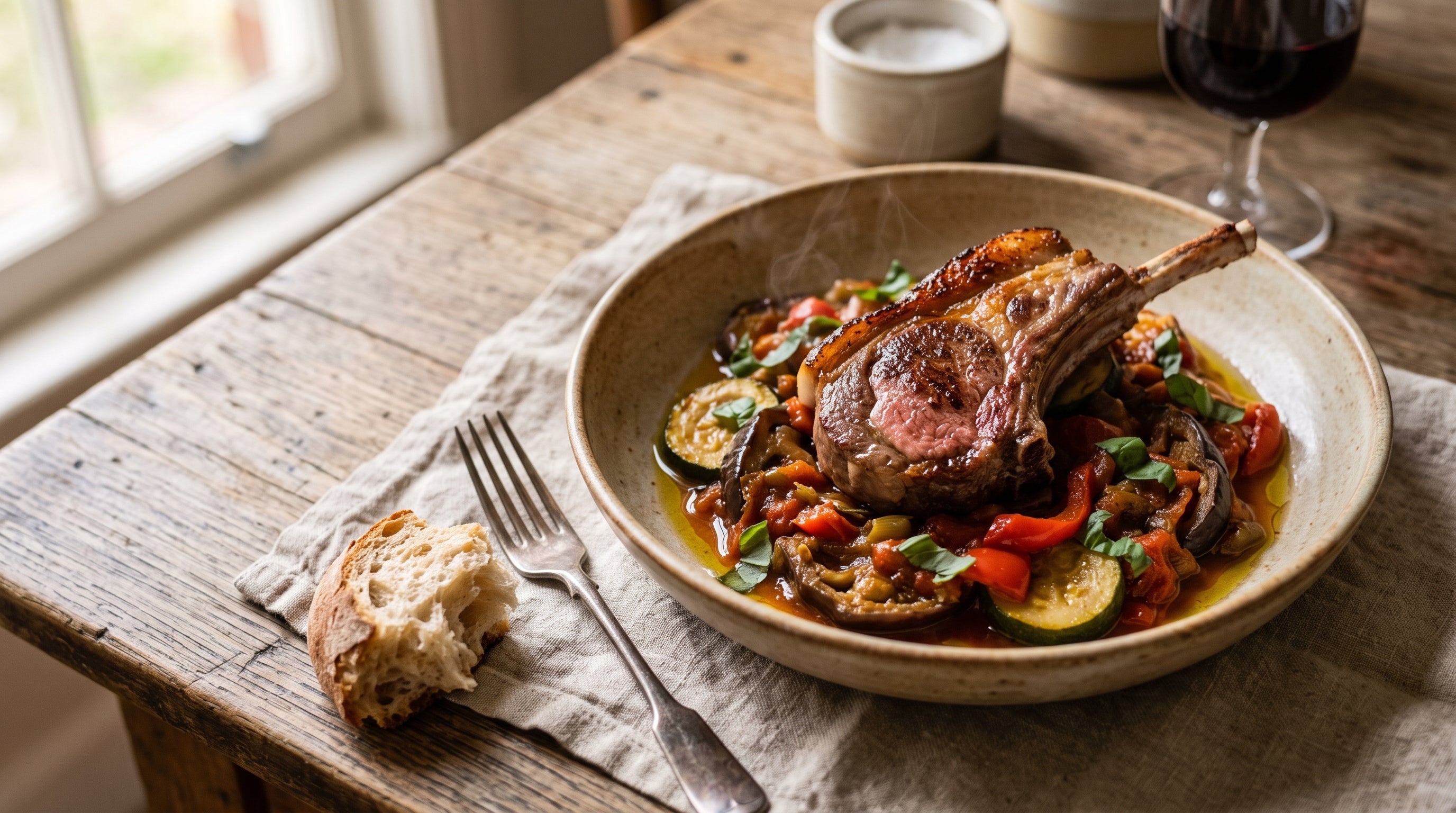 Grass-fed lamb loin chop served over silky ratatouille-style vegetables with torn basil in a ceramic bowl.
