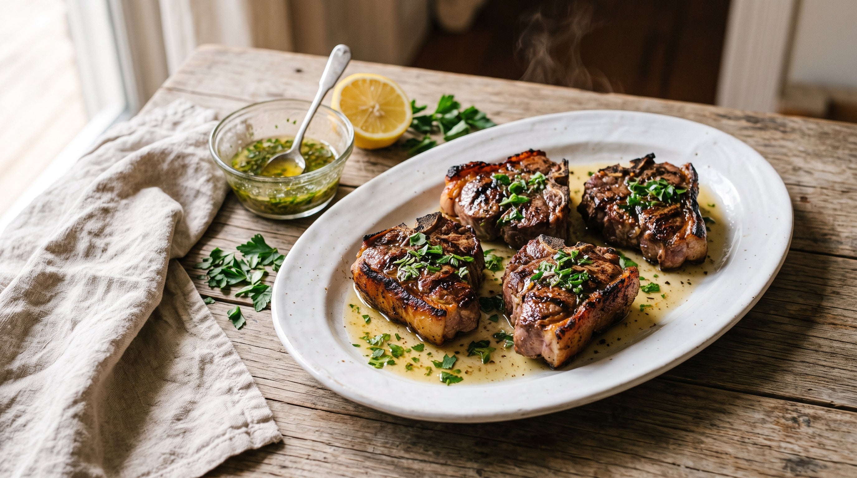 Grilled grass-fed lamb loin chops on a platter with warm lemon and oregano salmoriglio spooned over.
