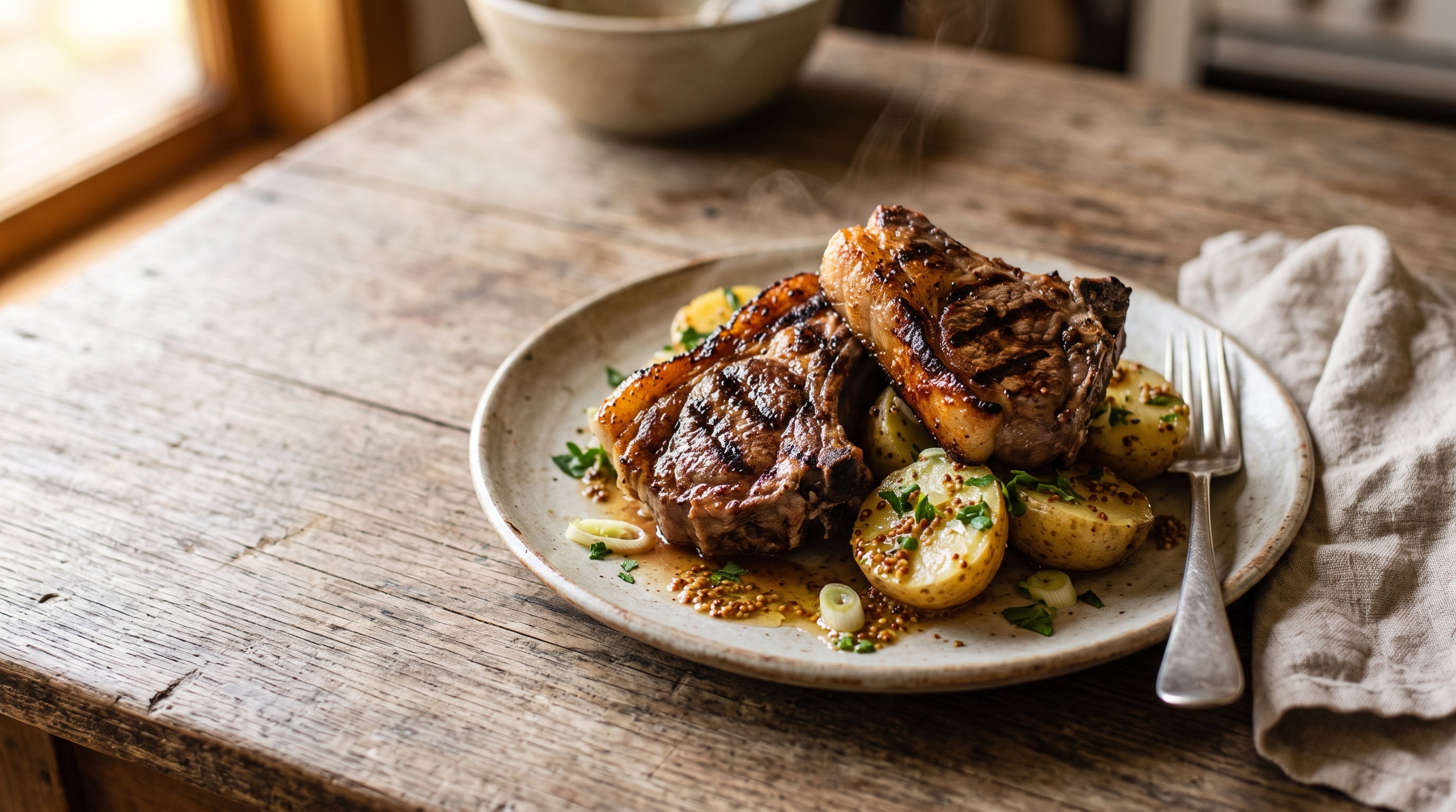 Barbecued grass-fed lamb loin chops over warm mustard-dressed potato salad with spring onion and parsley.