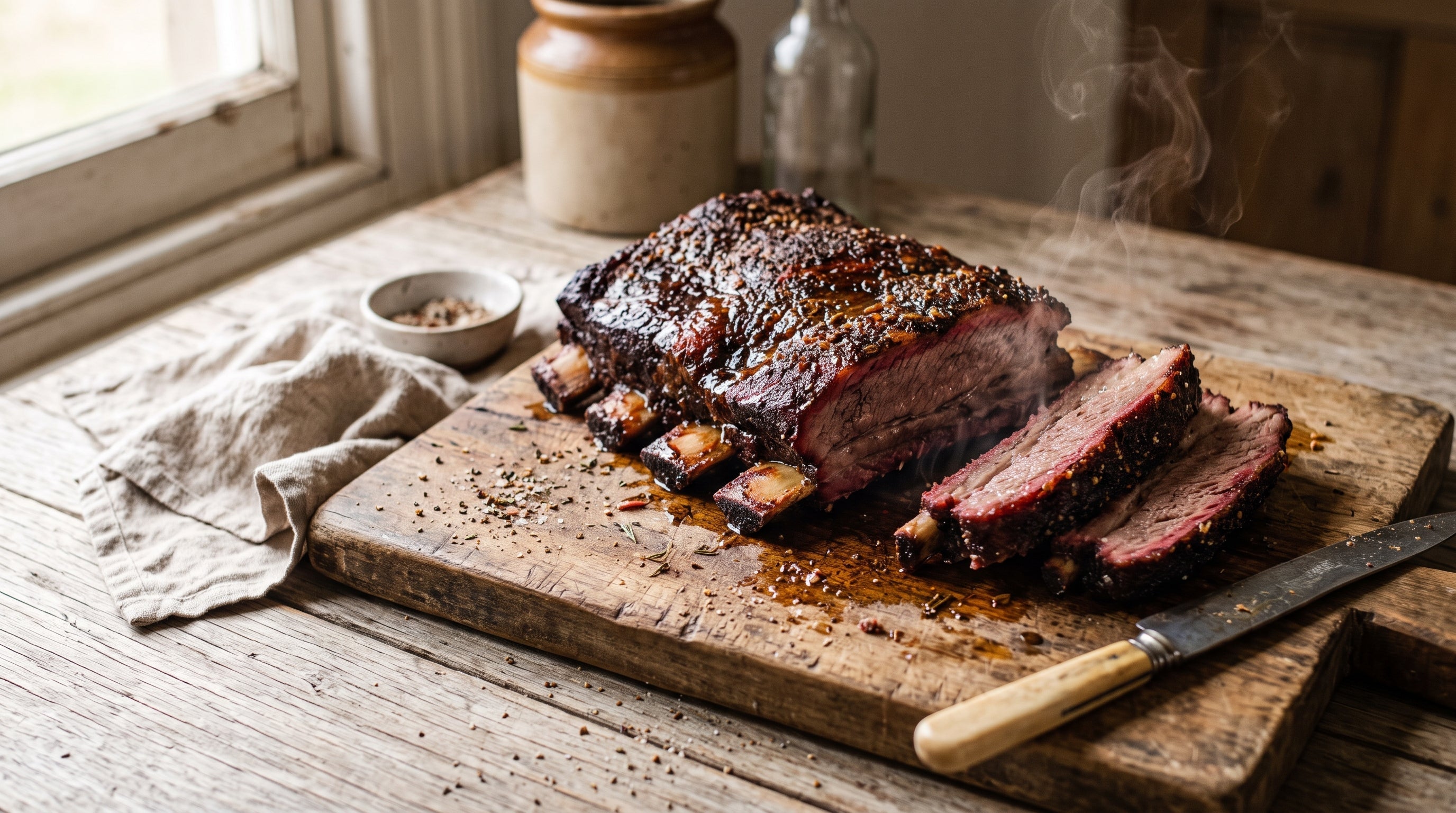 Low-and-slow barbecued grass-fed beef ribs with a homemade rub and dark bark, sliced on a chopping board.