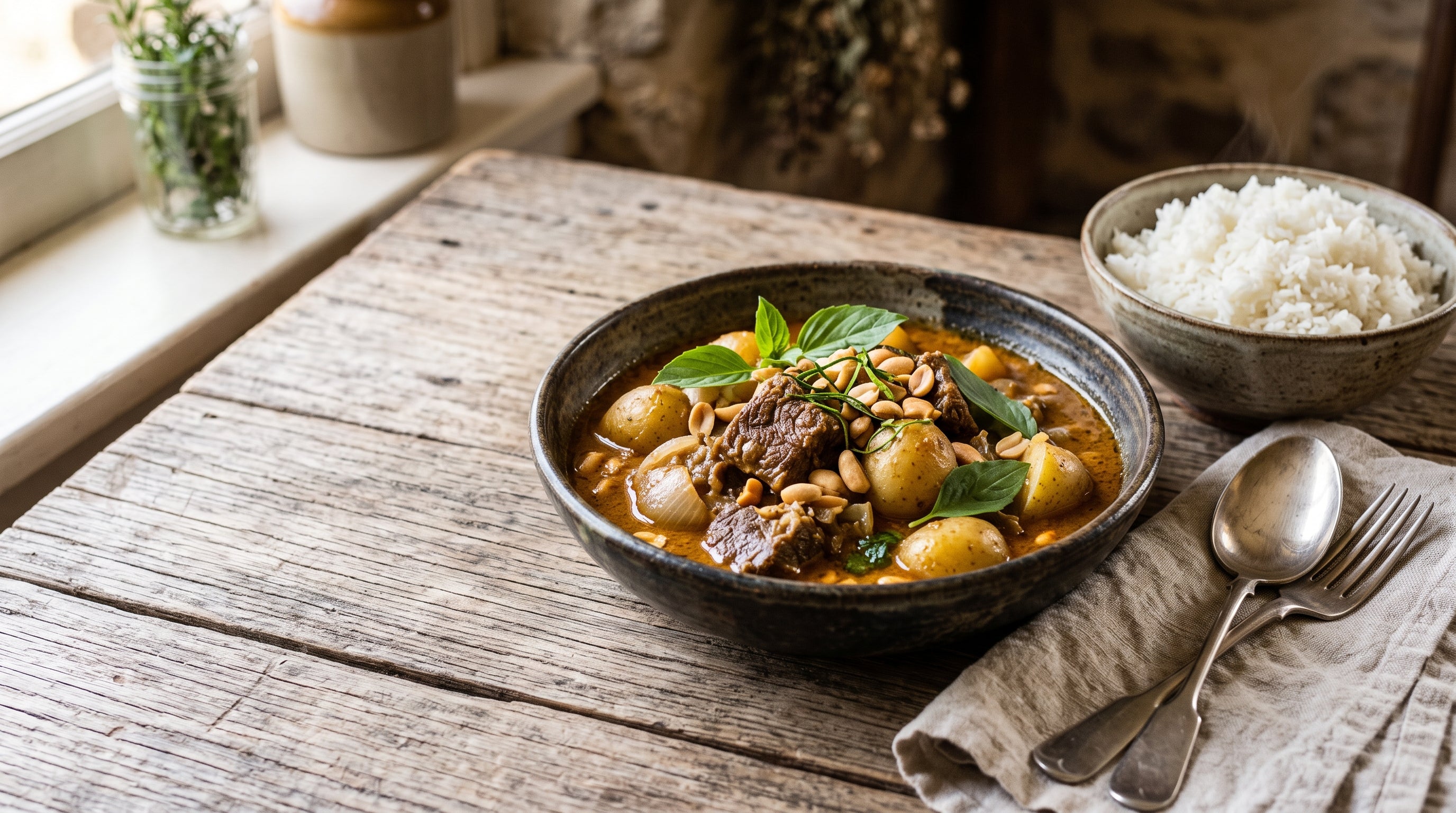 Grass-fed beef massaman curry with potatoes and roasted peanuts
