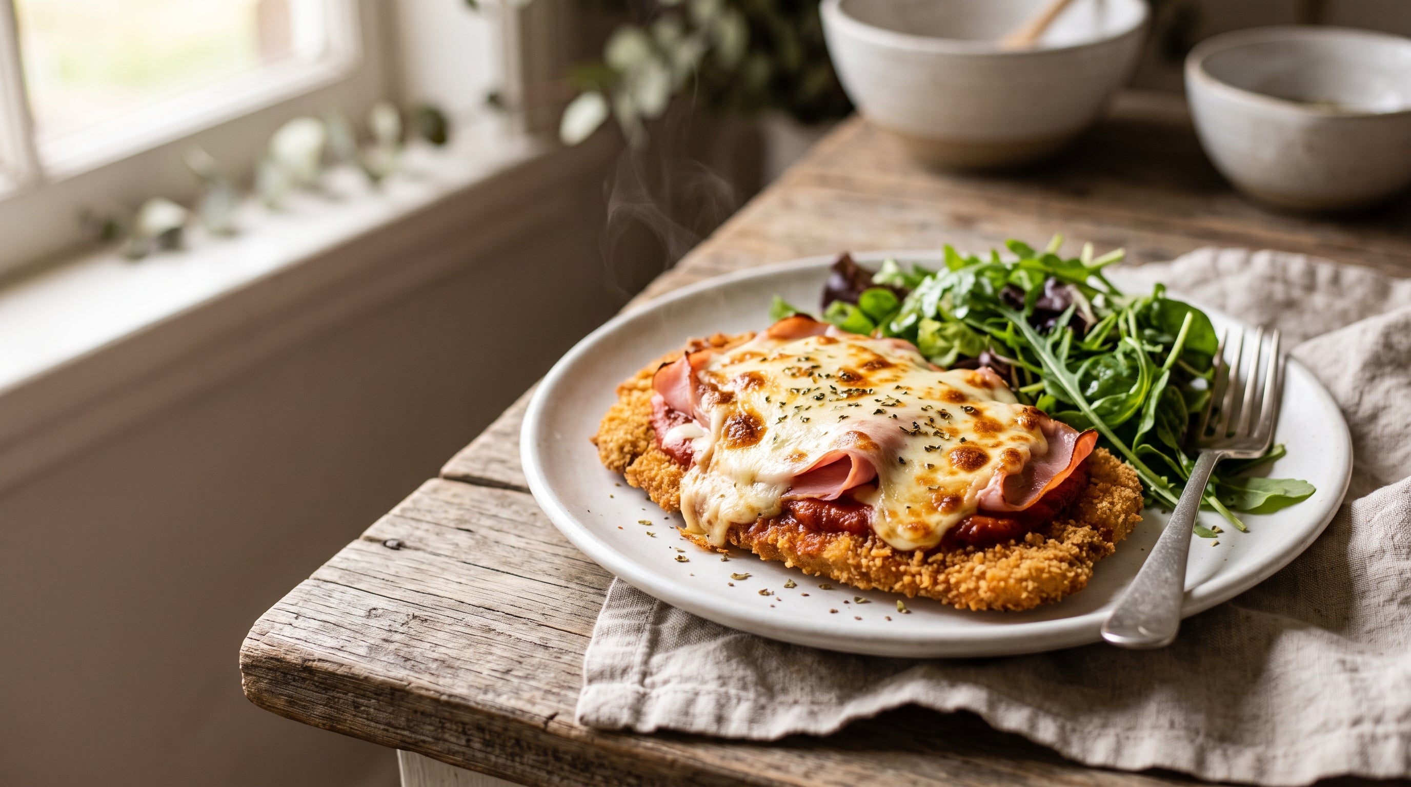 Milanesa napolitana made from a crumbed grass-fed round steak, topped with tomato sauce, ham and melted mozzarella, served with a leaf salad.