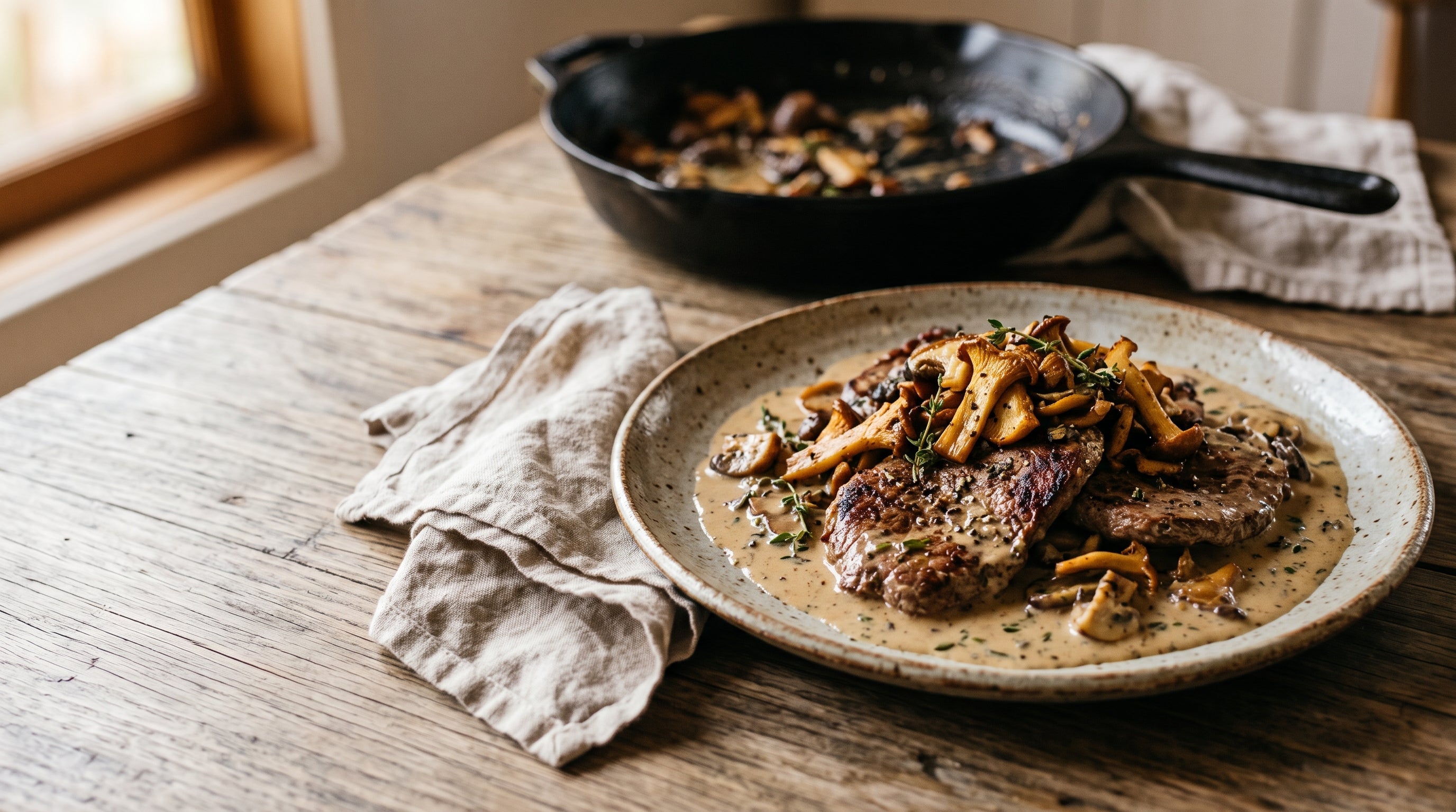 Grass-fed minute steak with creamy mushroom and thyme pan sauce
