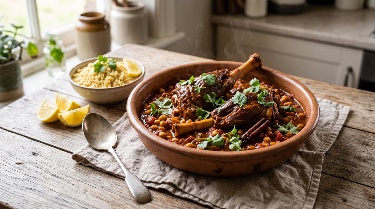 Moroccan-style grass-fed lamb shanks with chickpeas in spiced tomato sauce, served with couscous and coriander.