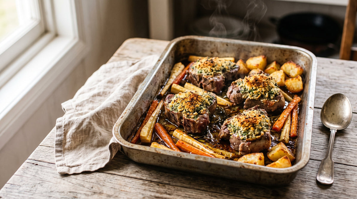 Grass-fed lamb chump chops with a golden mustard and herb crust baked over roasted root vegetables in a tray.