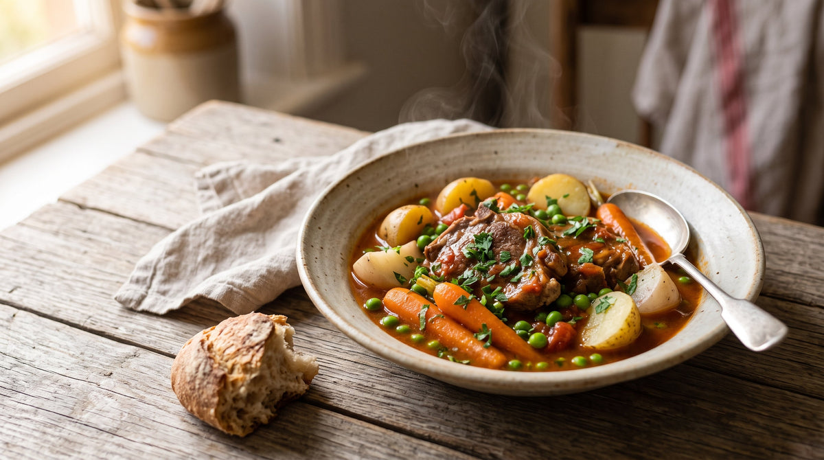 French navarin of grass-fed lamb chump chops with baby carrots, turnips, potatoes and peas in a light broth.