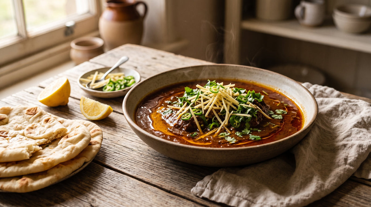 A bowl of nihari-style slow-cooked lamb bone curry topped with ginger, chilli and coriander, served with naan.