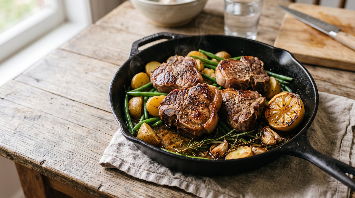 One-pan dinner of grass-fed lamb chump chops with chat potatoes and green beans in a cast-iron pan.