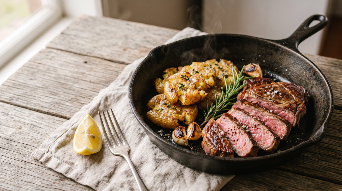 One-pan dinner of sliced grass-fed scotch fillet with crispy smashed chat potatoes, rosemary and garlic in a cast iron skillet.