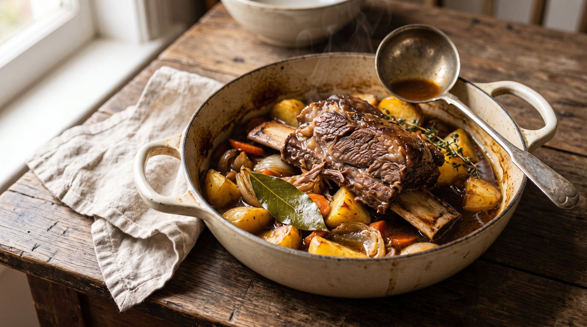 One-pot grass-fed beef ribs braised with potatoes, onions and carrots in rich pan juices.