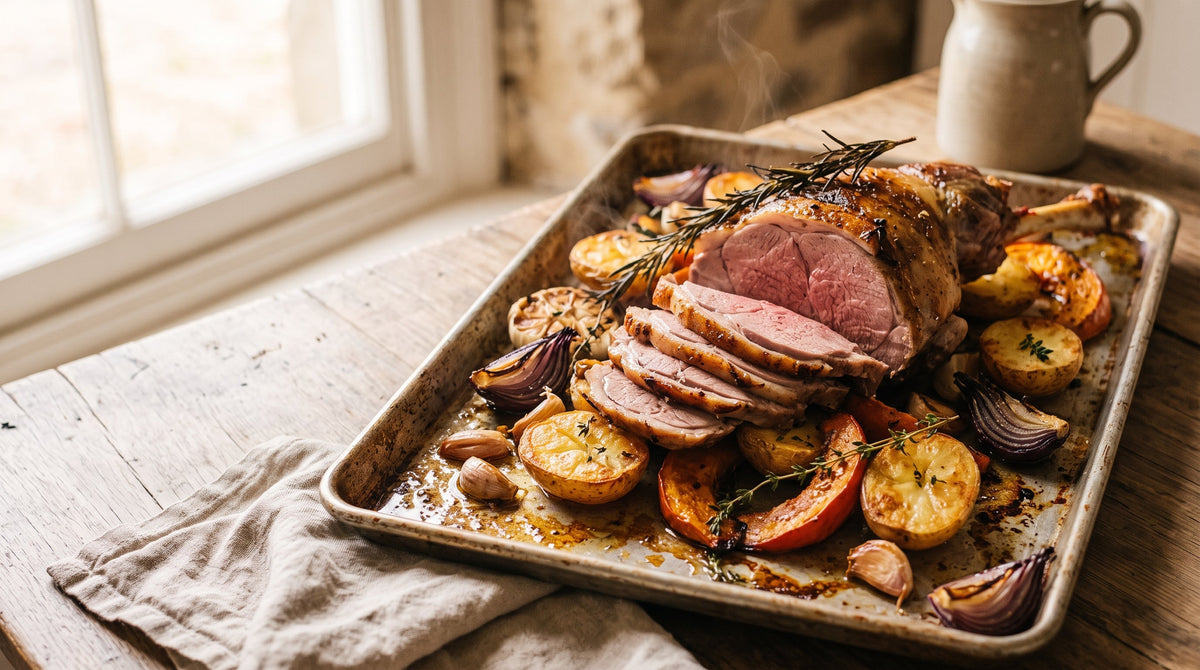 One-tray grass-fed lamb roast dinner with carved pink lamb over crispy potatoes, pumpkin and red onion.