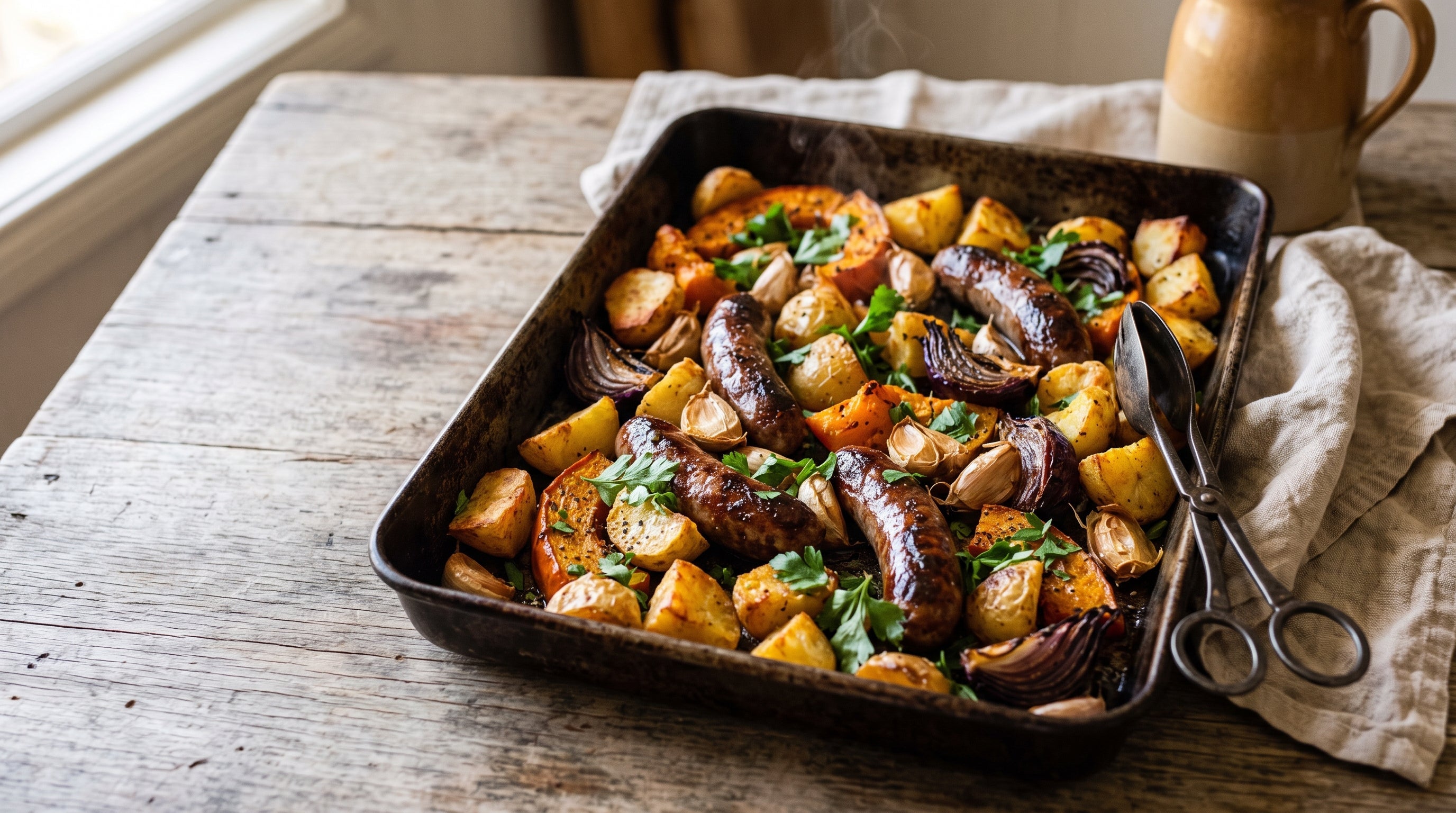 One-tray bake of grass-fed beef sausages roasted with potatoes, pumpkin and red onion wedges, scattered with parsley.