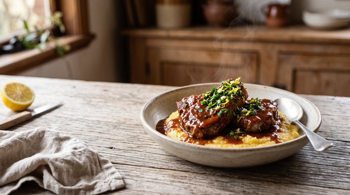 Osso buco-style braised grass-fed lamb chump chops in tomato sauce over soft polenta, topped with gremolata.