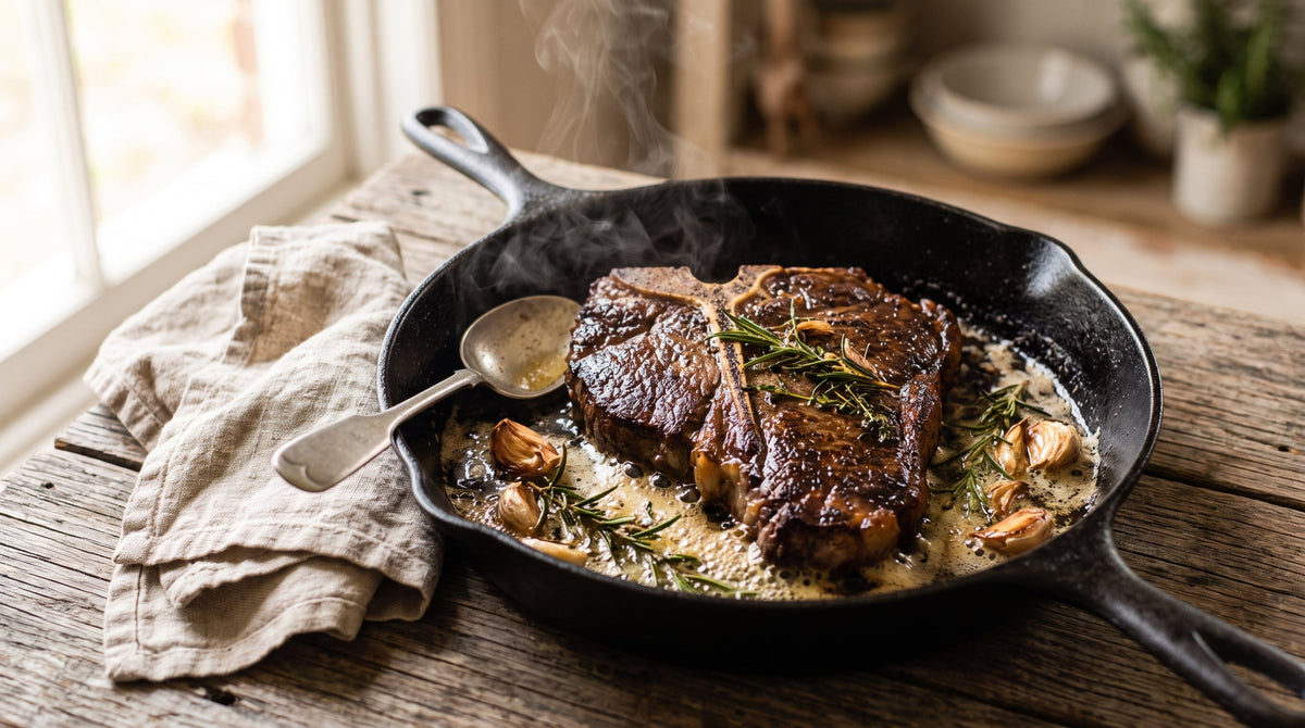 Pan-seared grass-fed T-bone steak being bathed in foaming garlic and rosemary butter in a cast-iron pan.
