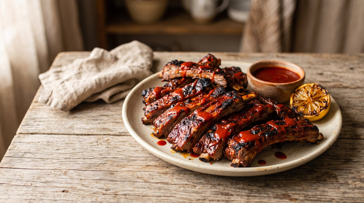 Piri piri grass-fed lamb ribs charred on the barbecue and served with extra chilli-citrus sauce.