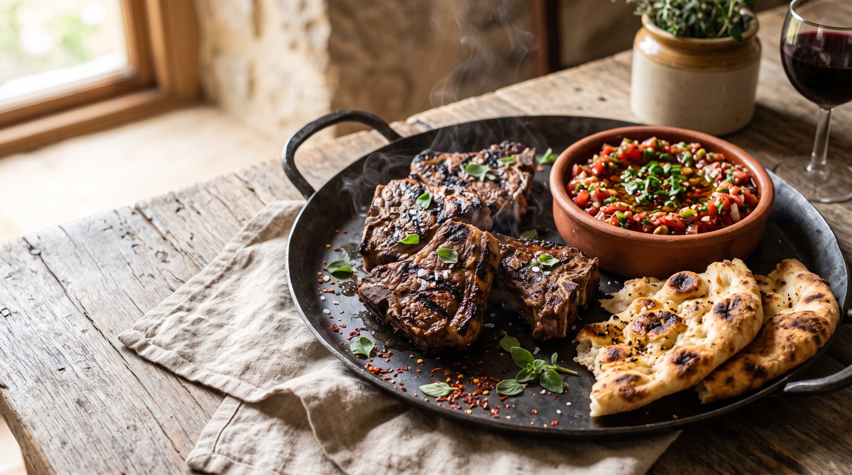 Turkish-style grilled grass-fed lamb loin chops served with a bowl of spicy ezme and warm bread.