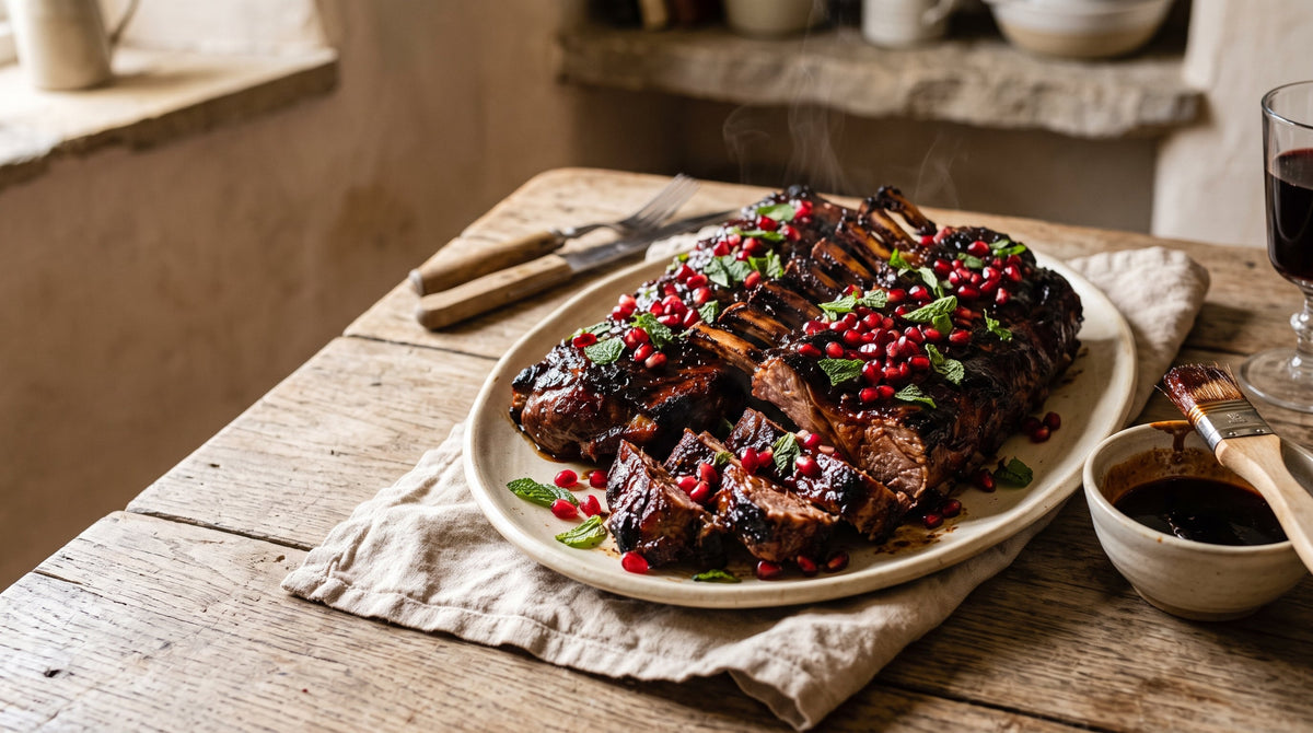 Sticky pomegranate-glazed grass-fed lamb ribs, sliced and scattered with pomegranate seeds and torn mint on a stoneware platter.