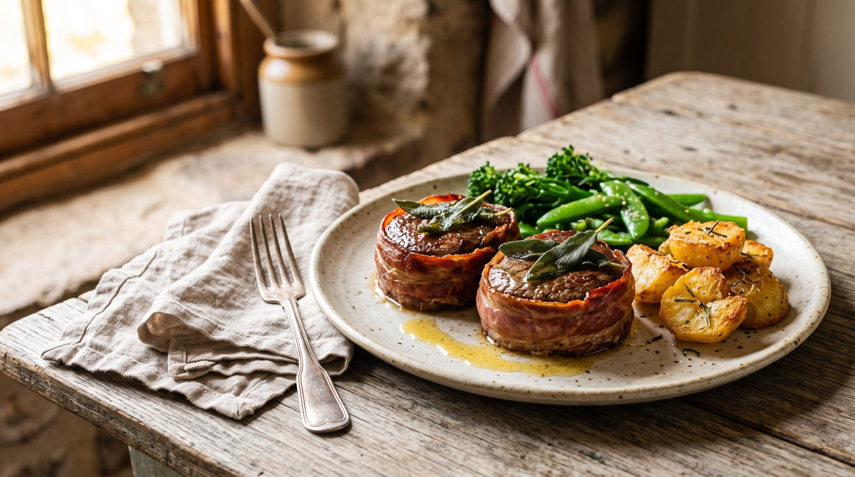 Prosciutto-wrapped grass-fed eye fillet medallions with crisped sage and pan butter, served with greens and potatoes.
