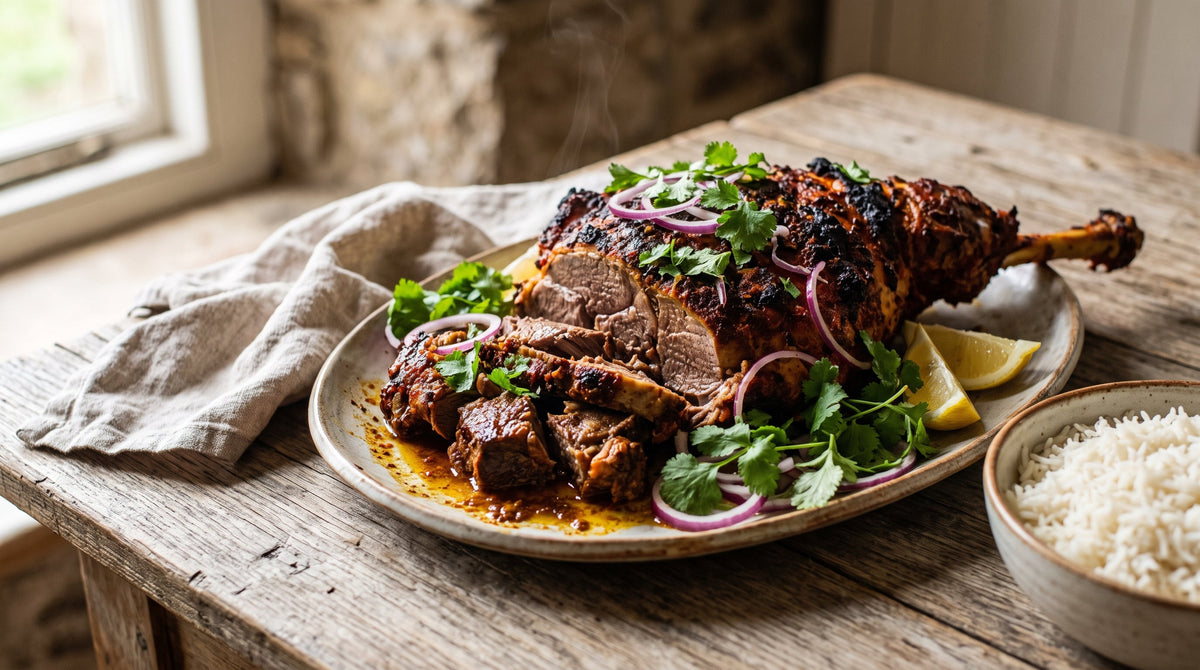 Indian-spiced raan-style roast lamb with a deep red spice crust, carved into chunks and scattered with coriander and red onion.