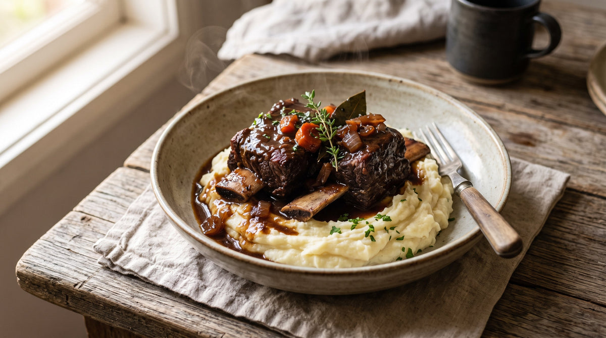 Red wine-braised grass-fed beef ribs served over mashed potato with a glossy braising sauce.