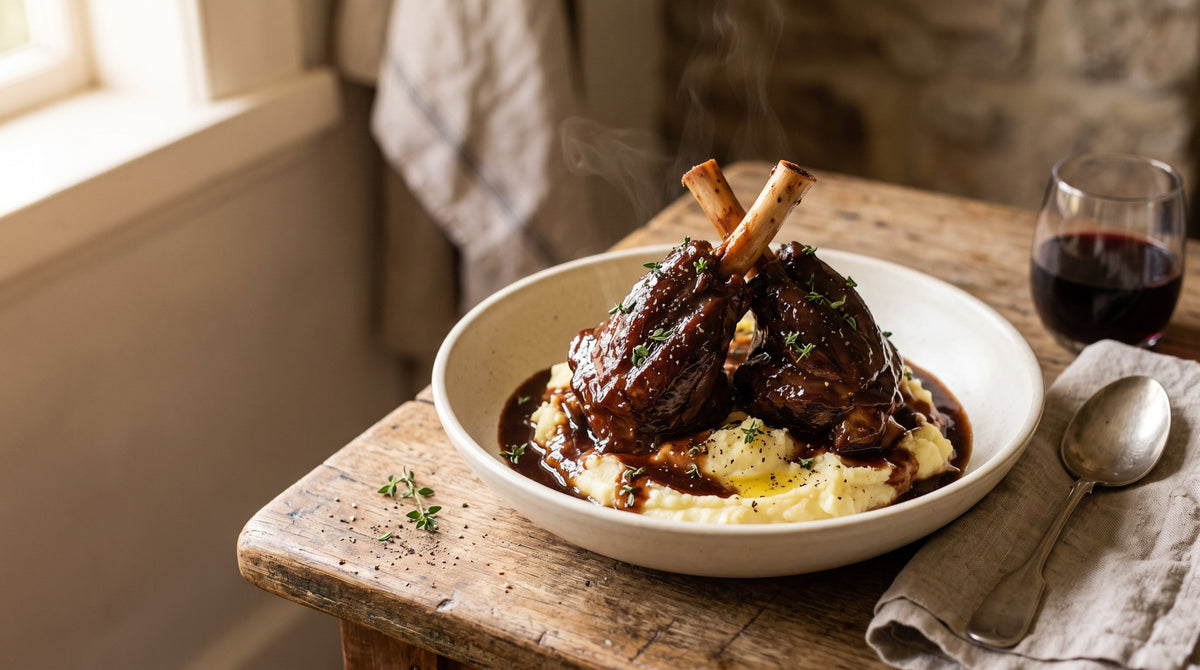 Red wine braised grass-fed lamb shanks on mashed potato with a glossy dark sauce.