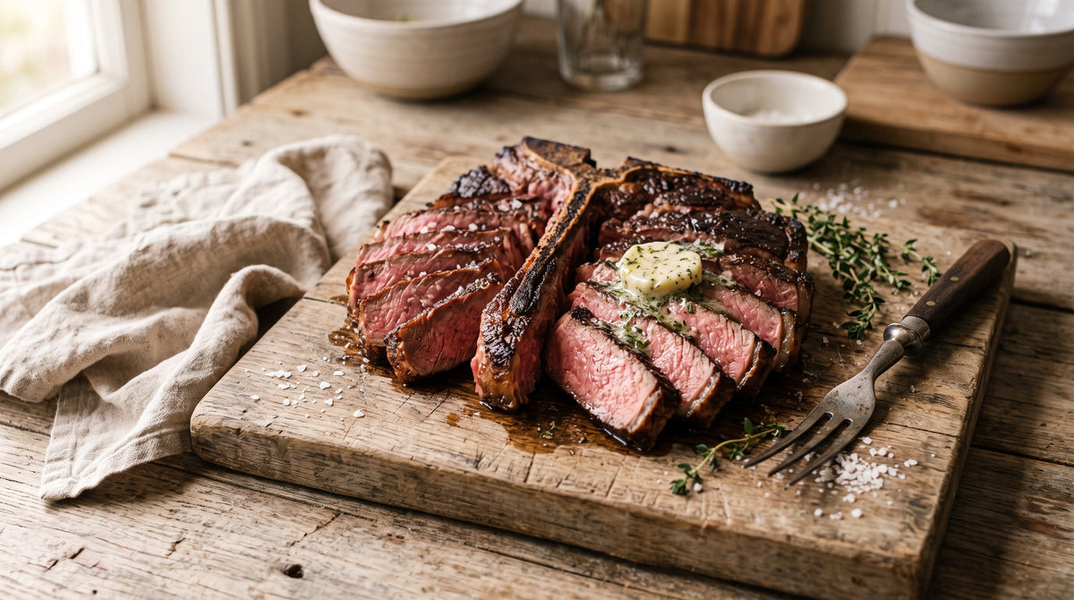 Reverse-seared grass-fed T-bone steak sliced to show even edge-to-edge pink under a dark crust.