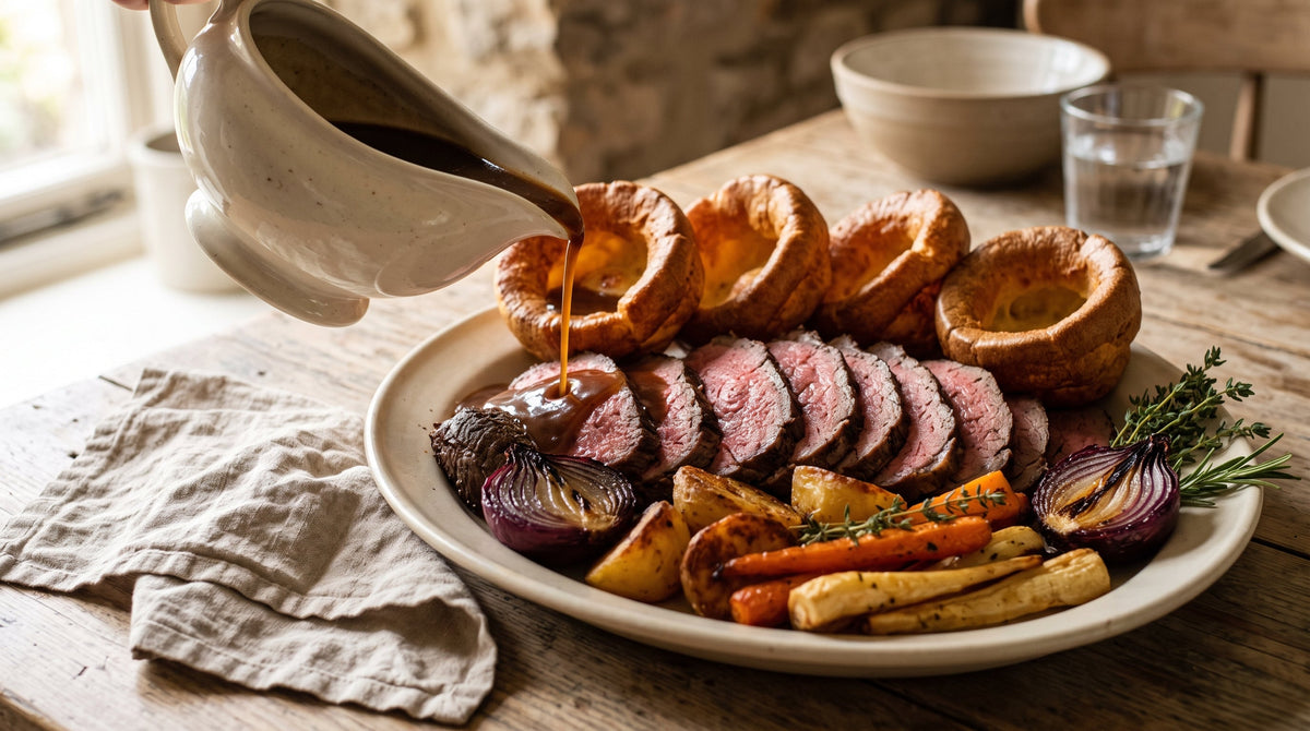 Sliced roast beef from a grass-fed roast served with tall golden Yorkshire puddings and gravy.