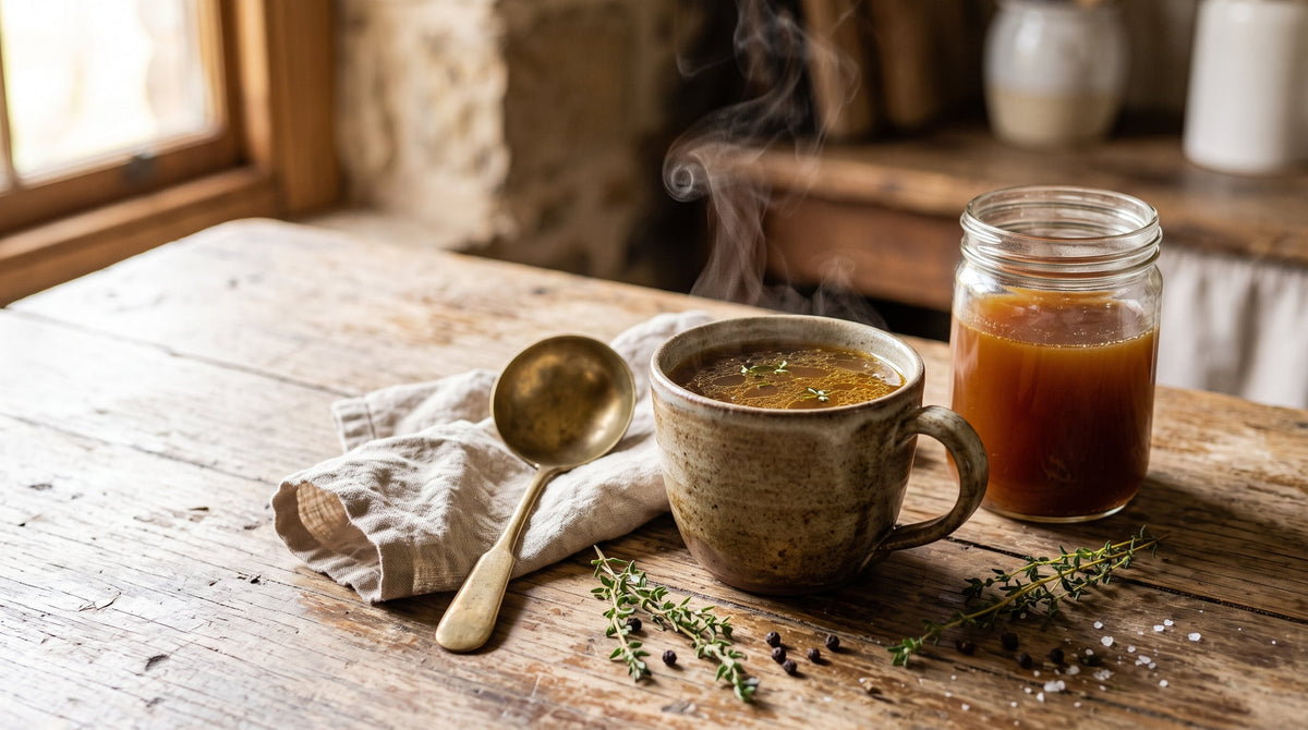 Deep brown broth made from roasted grass-fed lamb bones, served in a mug beside a storage jar.