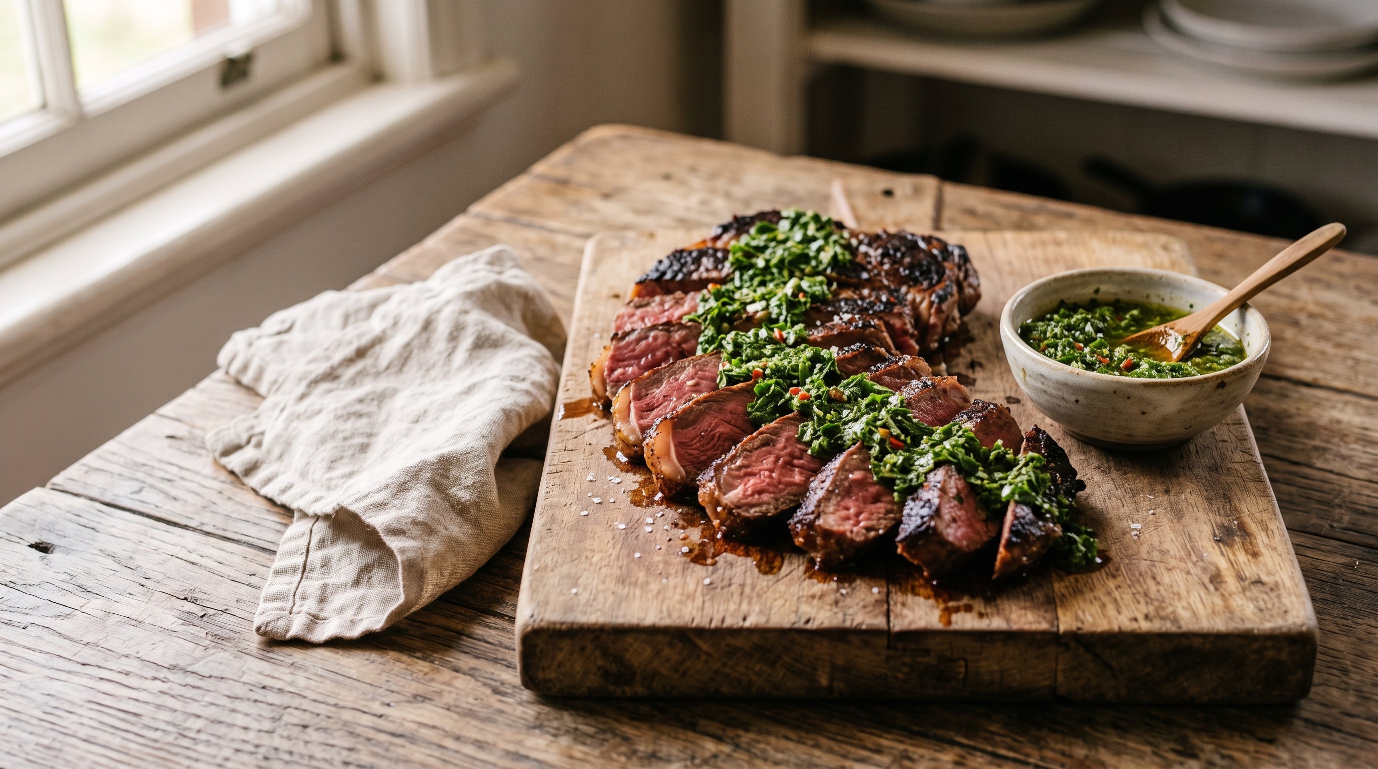 Sliced grass-fed rump steak with chimichurri on a timber board