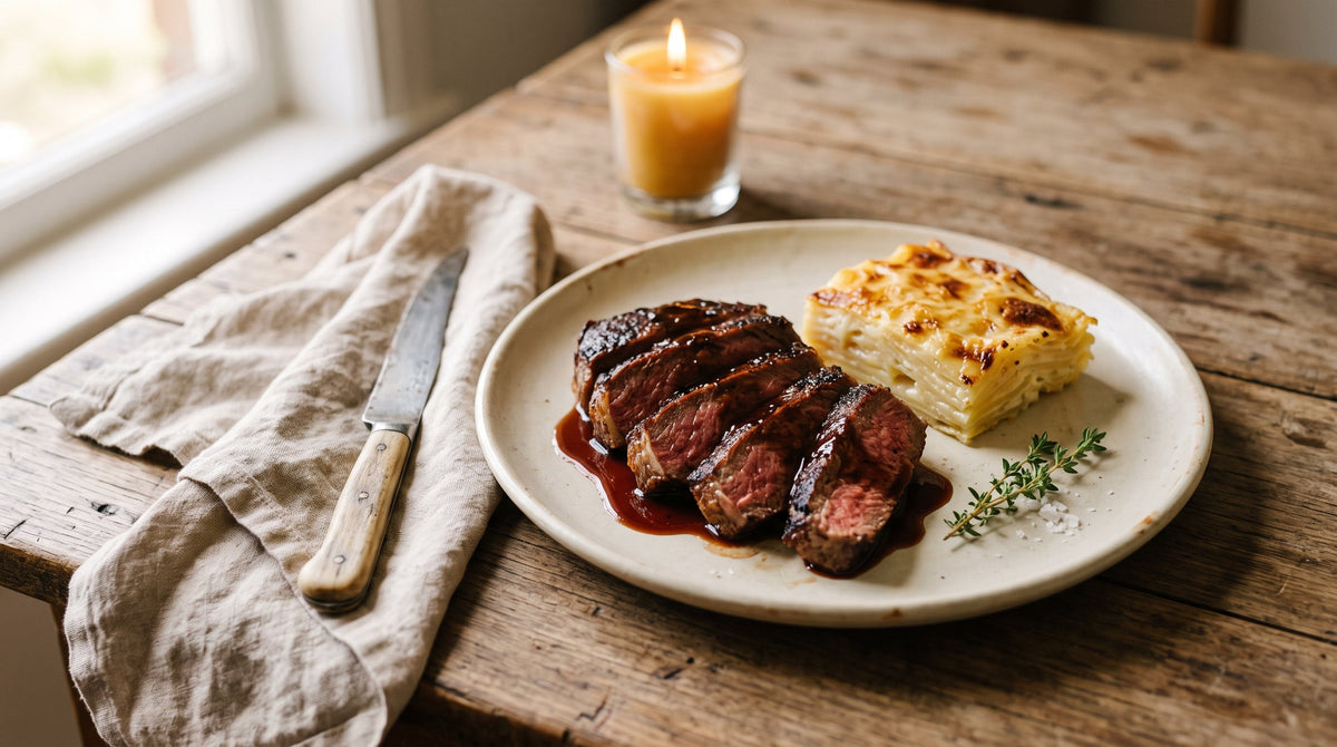 Sliced grass-fed rump steak with red wine jus and a golden potato gratin on a stoneware dinner plate.