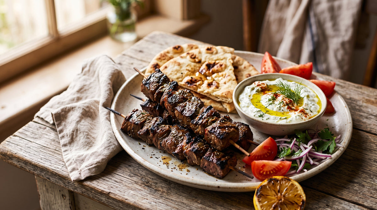 Beef souvlaki skewers made with grass-fed rump steak, served with warm pita, tzatziki, tomato and red onion.