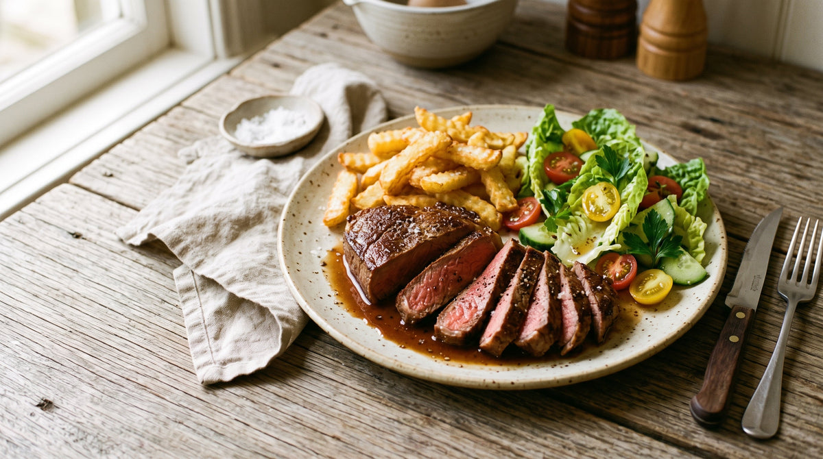 Sliced medium-rare grass-fed rump steak served with golden oven chips and a garden salad on a cream stoneware plate.