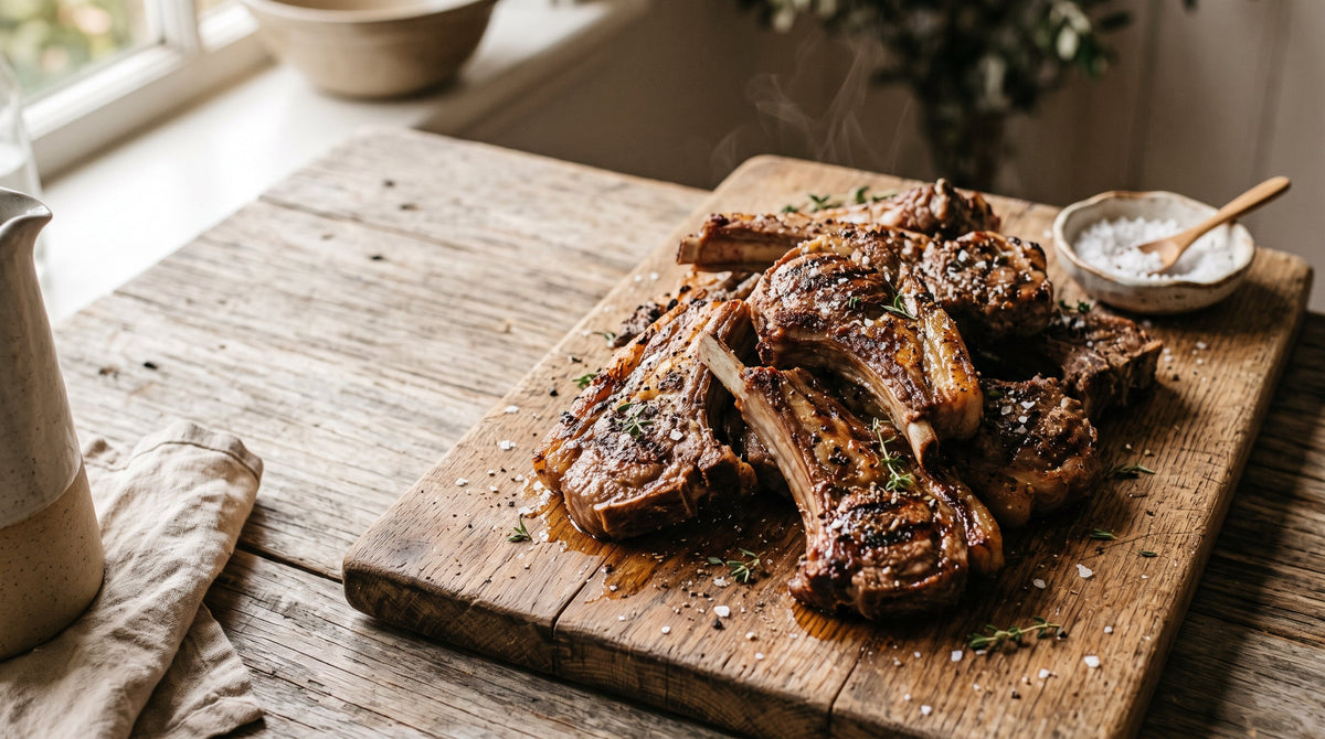Salt and pepper grass-fed lamb ribs charred on a grill pan and piled on a timber serving board.