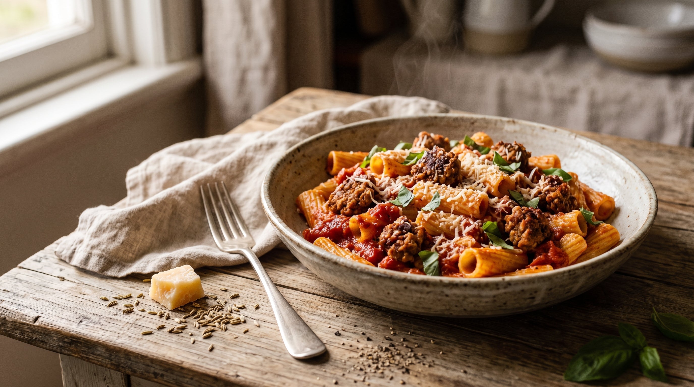 Rigatoni with crumbled grass-fed beef sausage in tomato sauce, finished with parmesan and fresh basil.