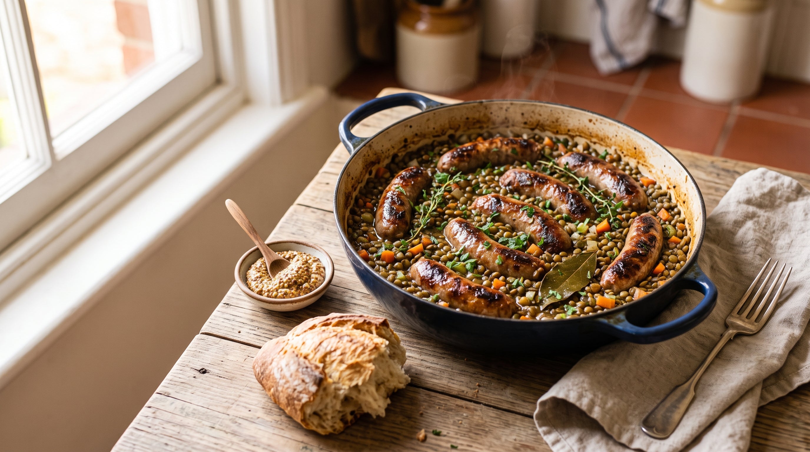 French-style braise of grass-fed beef sausages nestled in herby green lentils with Dijon mustard alongside.